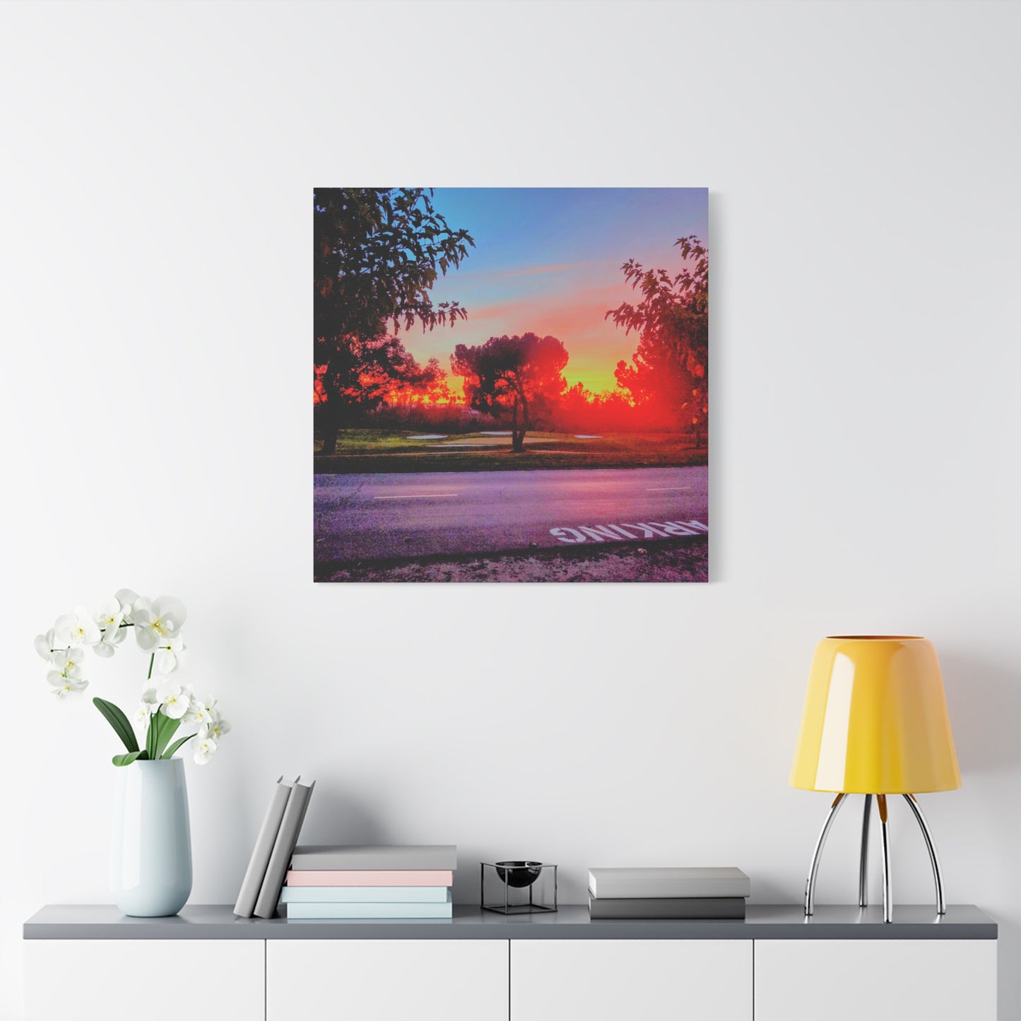 4th green @muni - Sunset Park Matte Canvas Print — Vibrant Red & Orange Landscape Wall Art