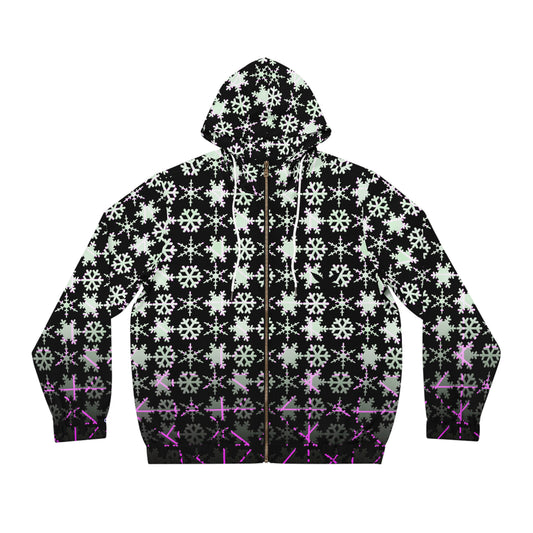Snowflake Pattern Full-Zip Hoodie — Black & Purple Winter Zip-Up