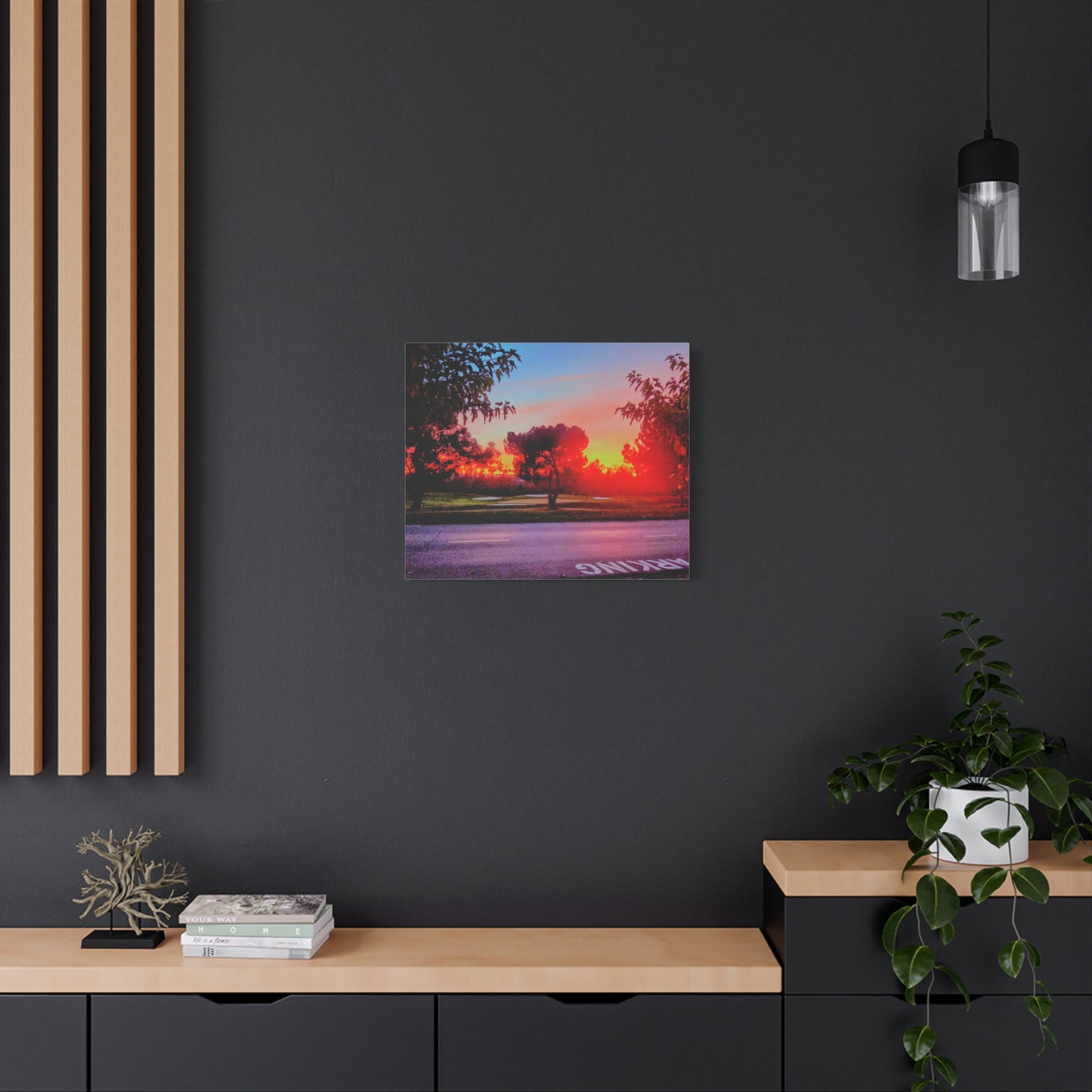 4th green @muni - Sunset Park Matte Canvas Print — Vibrant Red & Orange Landscape Wall Art