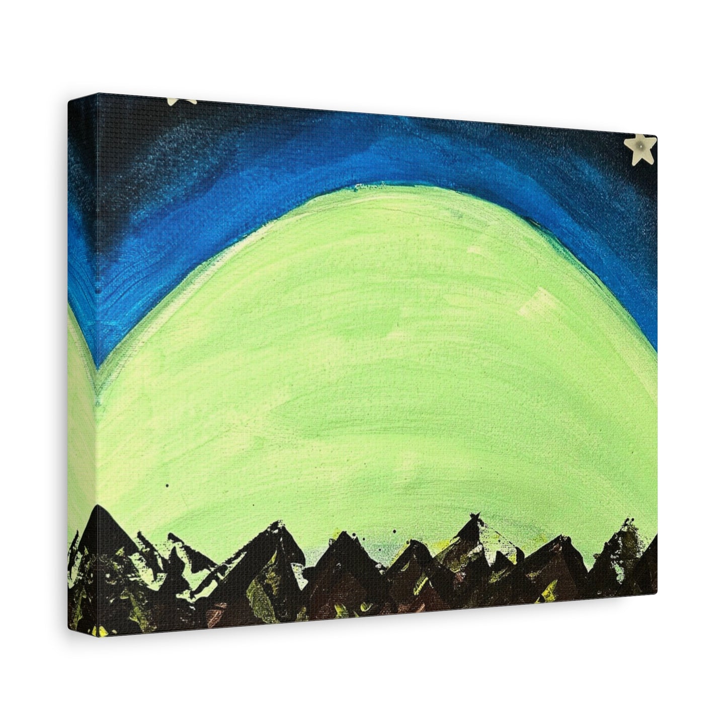 Green Moonrise Canvas Wall Art – Mountain Silhouette Nightscape