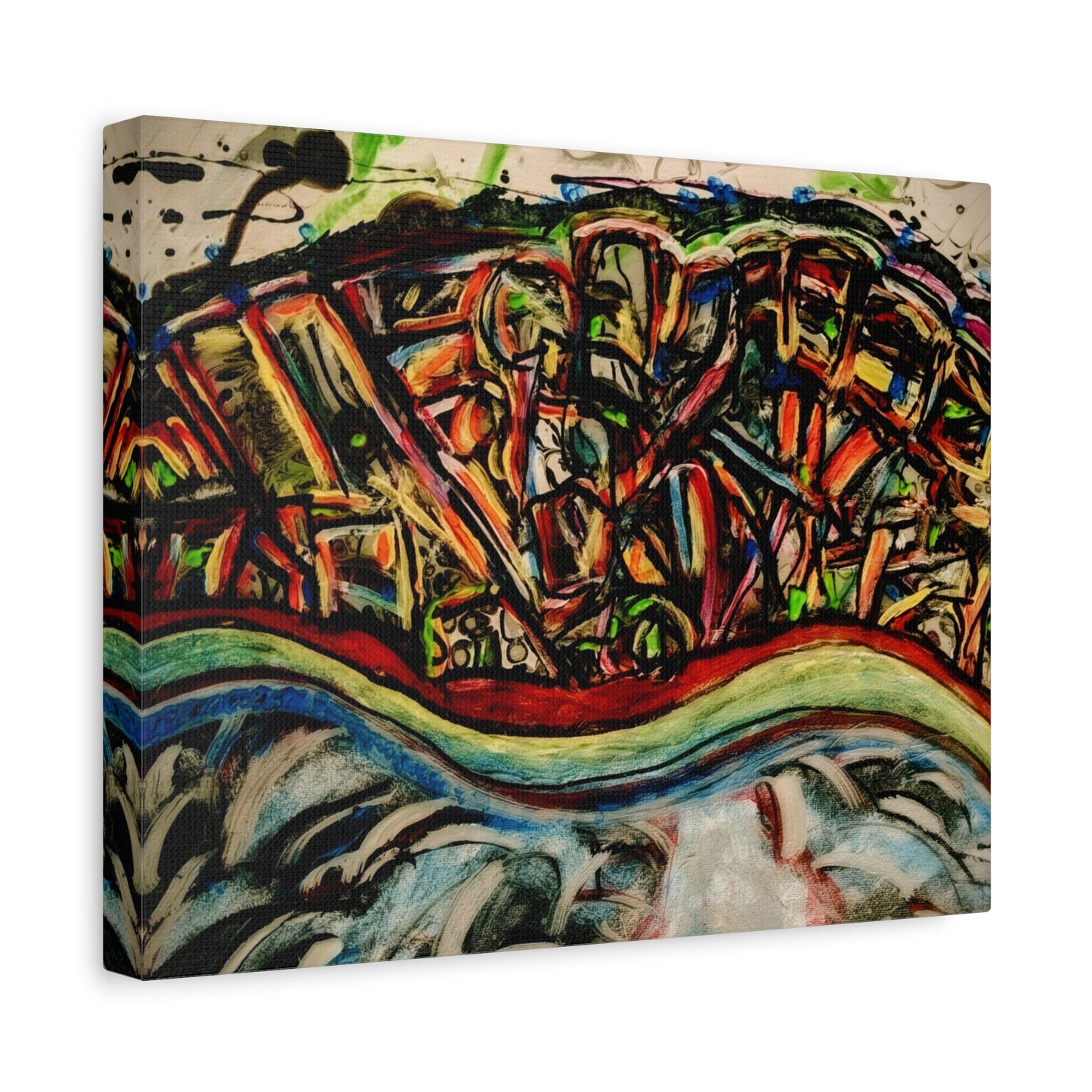 Acrylic_inequalities - Abstract Coastal Cityscape Canvas — Vibrant Ocean Wave Wall Art