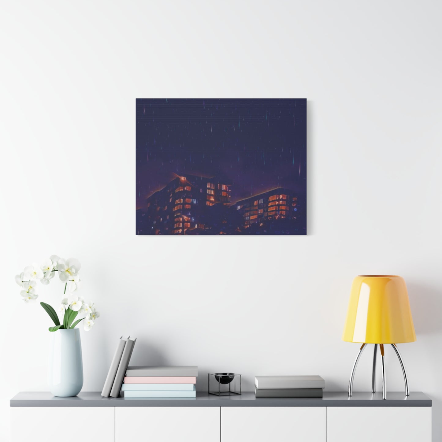 Neon Percipitation @ night - Canvas Print — Moody Urban Wall Art