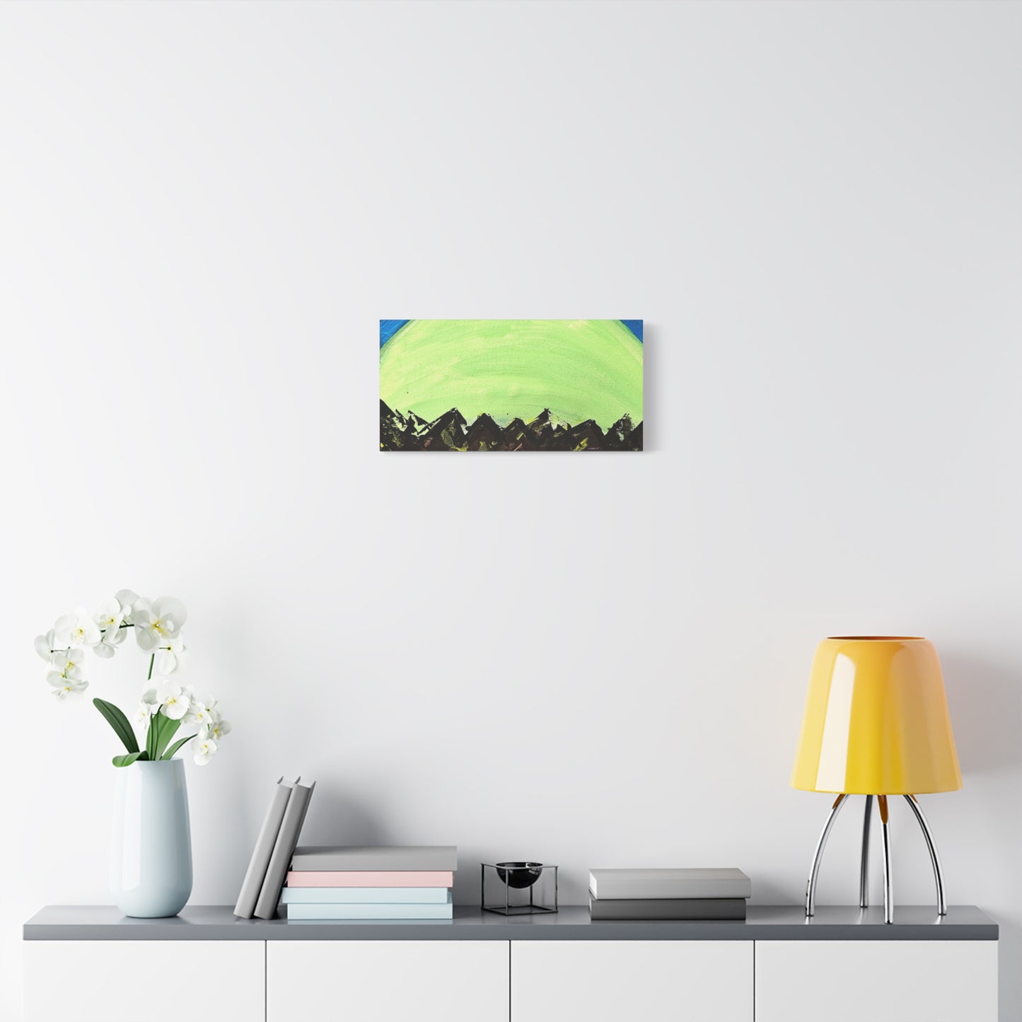 Green Moonrise Canvas Wall Art – Mountain Silhouette Nightscape