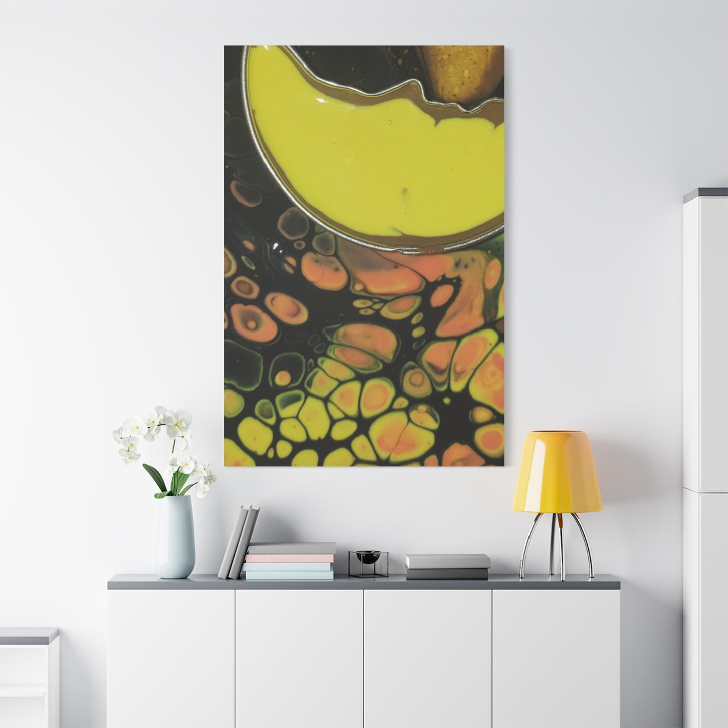 Abstract Fluid Art Canvas Print — Yellow & Black Cell Pour