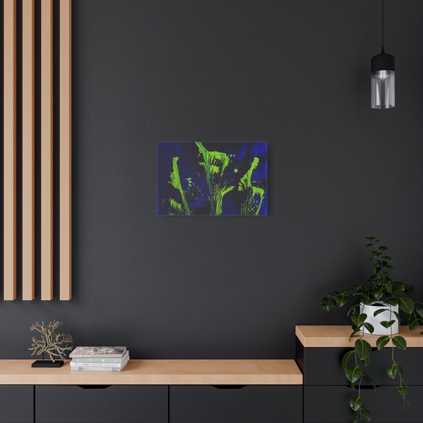 calla_lillies_pt.2 - Neon Floral Abstract Canvas Print — Blue & Lime Stretched Wall Art
