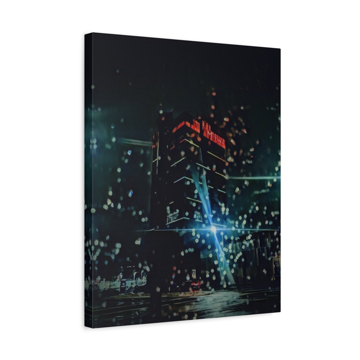 matrix @night Canvas Print — Moody Rainy Urban Wall Art (Matte Stretched)