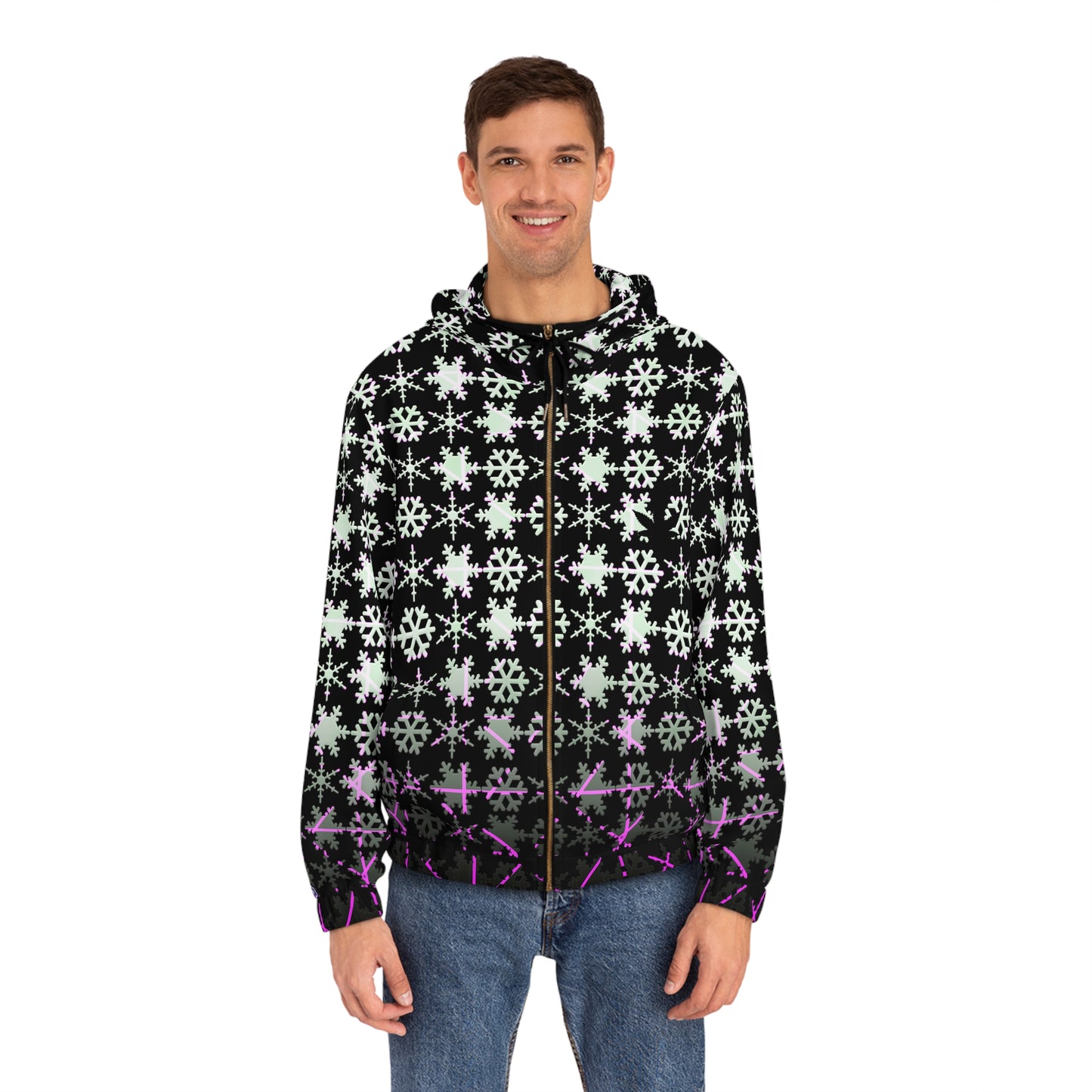 Snowflake Pattern Full-Zip Hoodie — Black & Purple Winter Zip-Up