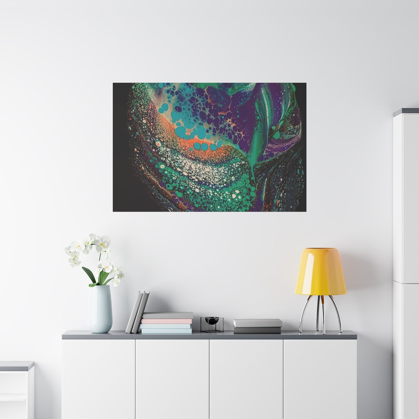 Abstract Fluid Art Canvas Print — Teal, Purple & Gold Swirl Matte Stretched Wall Art