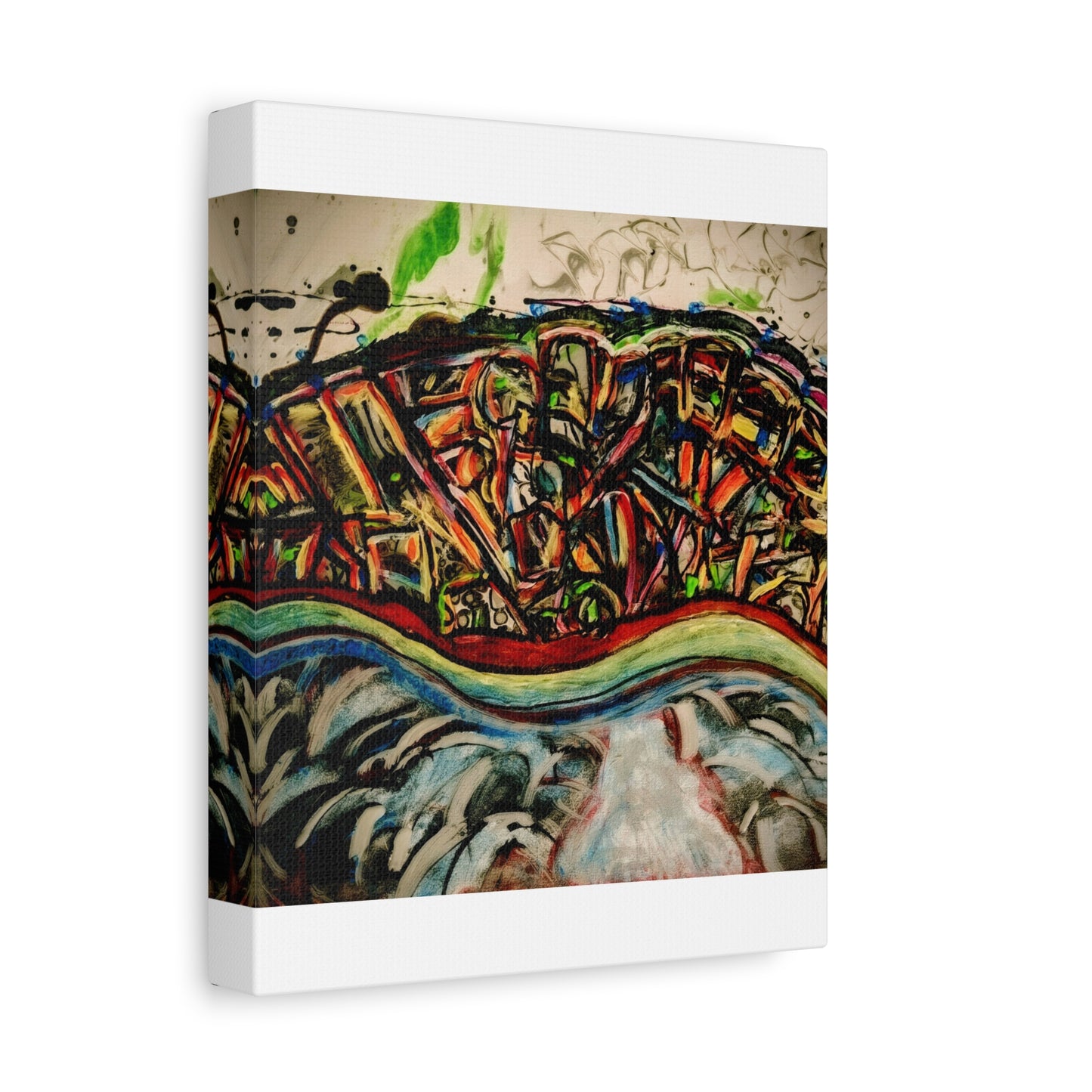Acrylic_inequalities - Abstract Coastal Cityscape Canvas — Vibrant Ocean Wave Wall Art