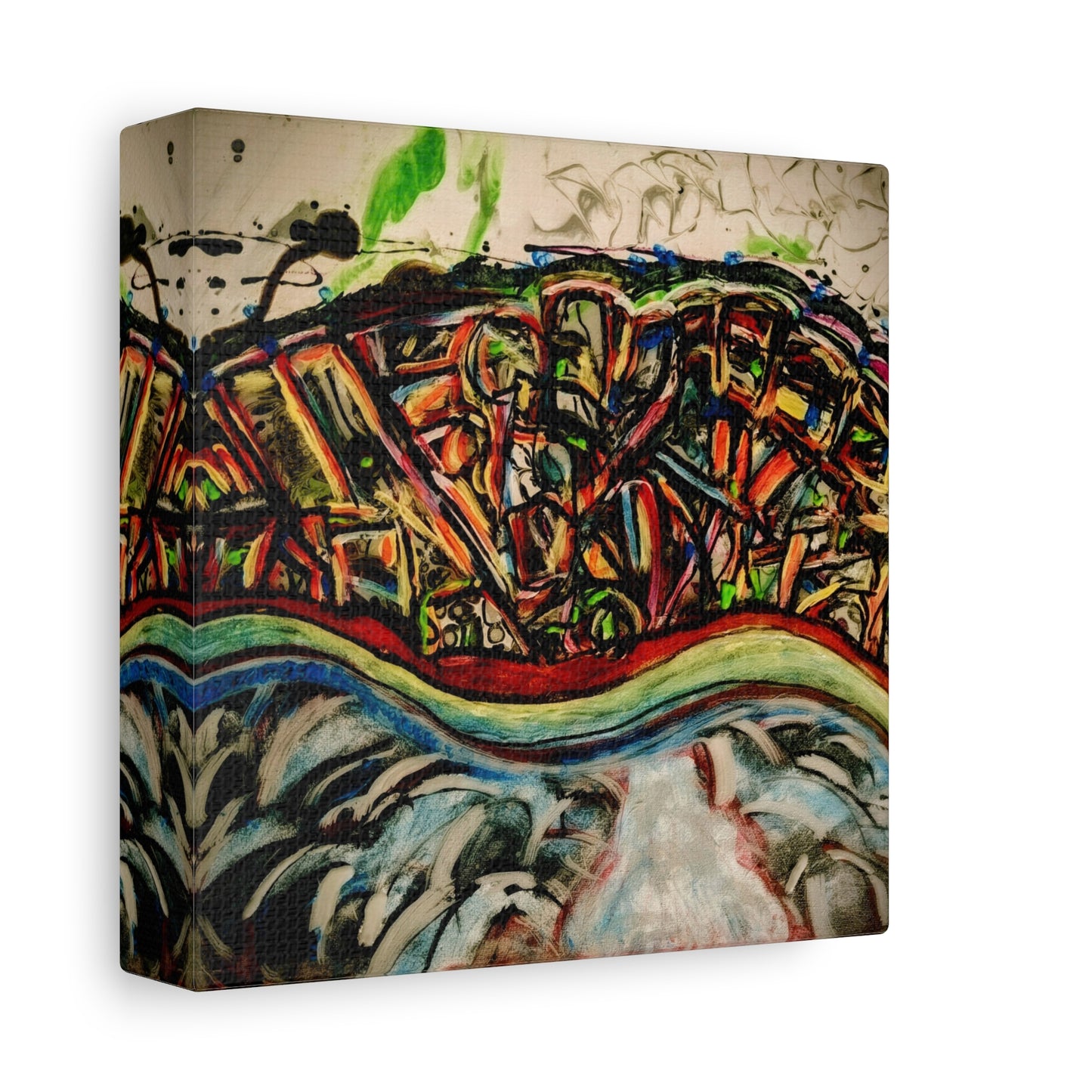 Acrylic_inequalities - Abstract Coastal Cityscape Canvas — Vibrant Ocean Wave Wall Art