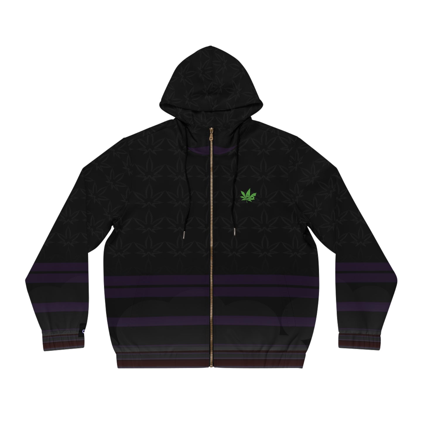 Men's Full-Zip Hoodie – Black Subtle Leaf Pattern with Purple Stripes & Green Emblem
