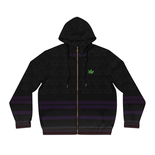 Men's Full-Zip Hoodie – Black Subtle Leaf Pattern with Purple Stripes & Green Emblem