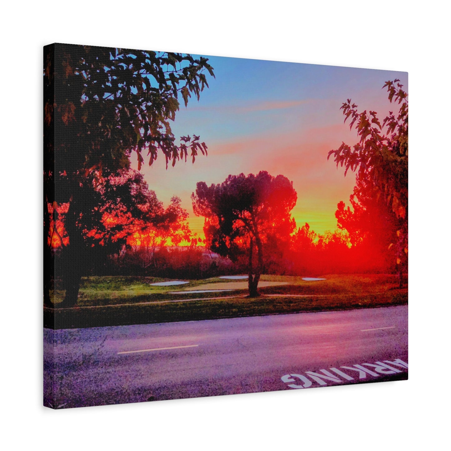 4th green @muni - Sunset Park Matte Canvas Print — Vibrant Red & Orange Landscape Wall Art