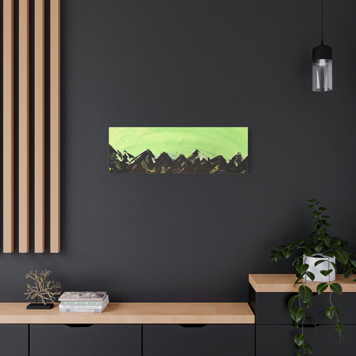 Green Moonrise Canvas Wall Art – Mountain Silhouette Nightscape