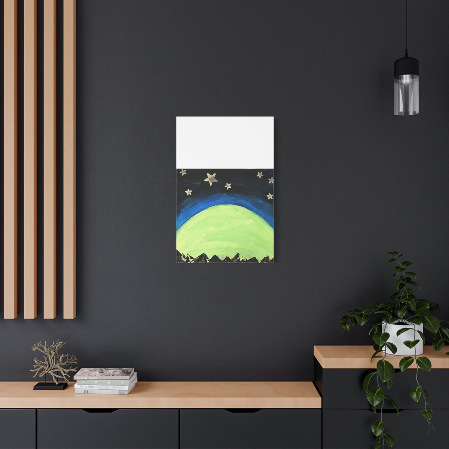 Green Moonrise Canvas Wall Art – Mountain Silhouette Nightscape