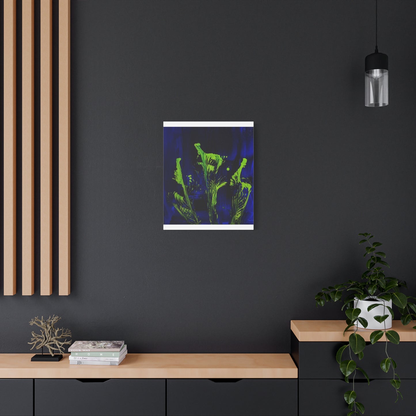 calla_lillies_pt.2 - Neon Floral Abstract Canvas Print — Blue & Lime Stretched Wall Art
