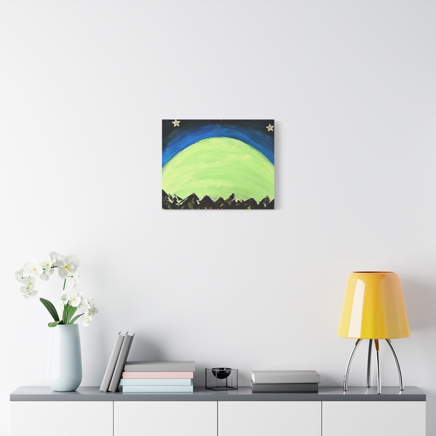 Green Moonrise Canvas Wall Art – Mountain Silhouette Nightscape