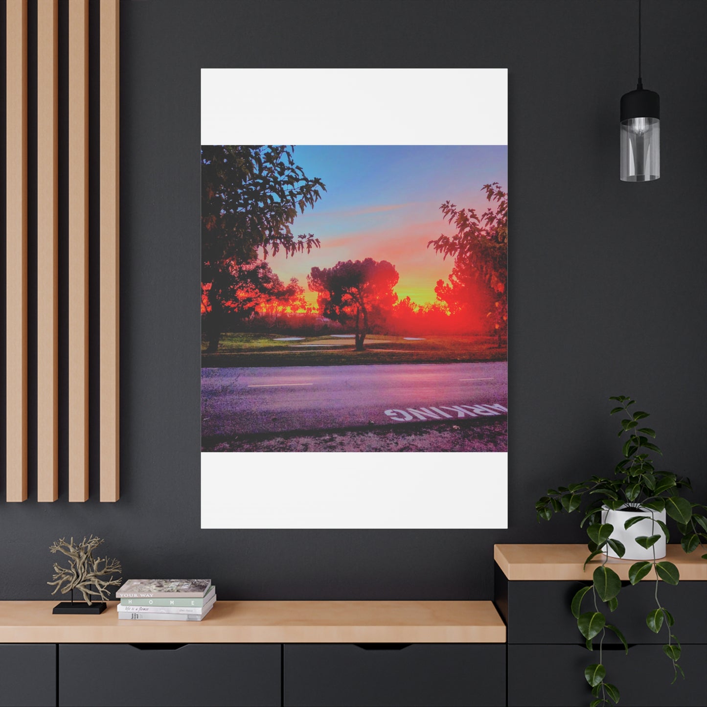 4th green @muni - Sunset Park Matte Canvas Print — Vibrant Red & Orange Landscape Wall Art